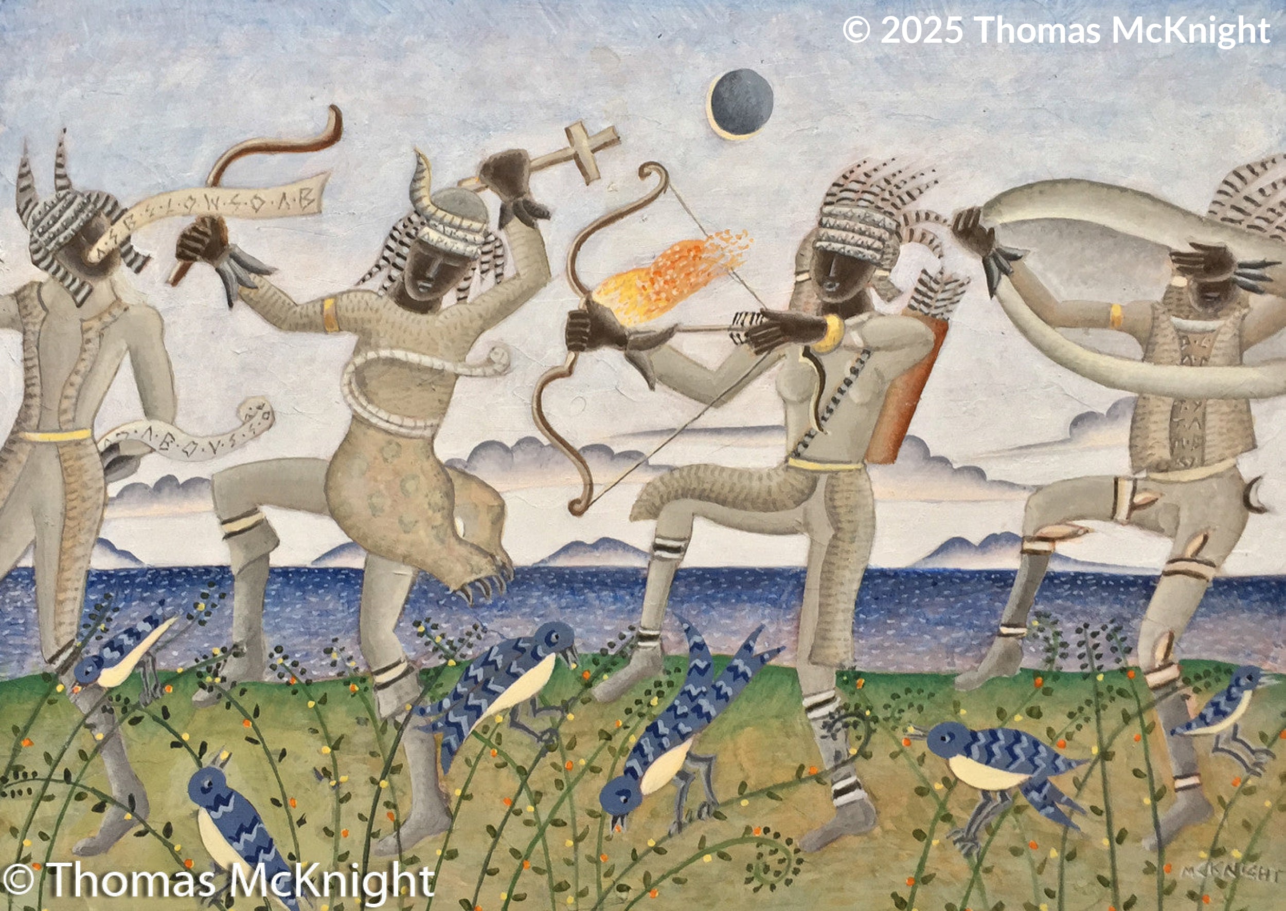 Four White Invisible Shamans acrylic on board