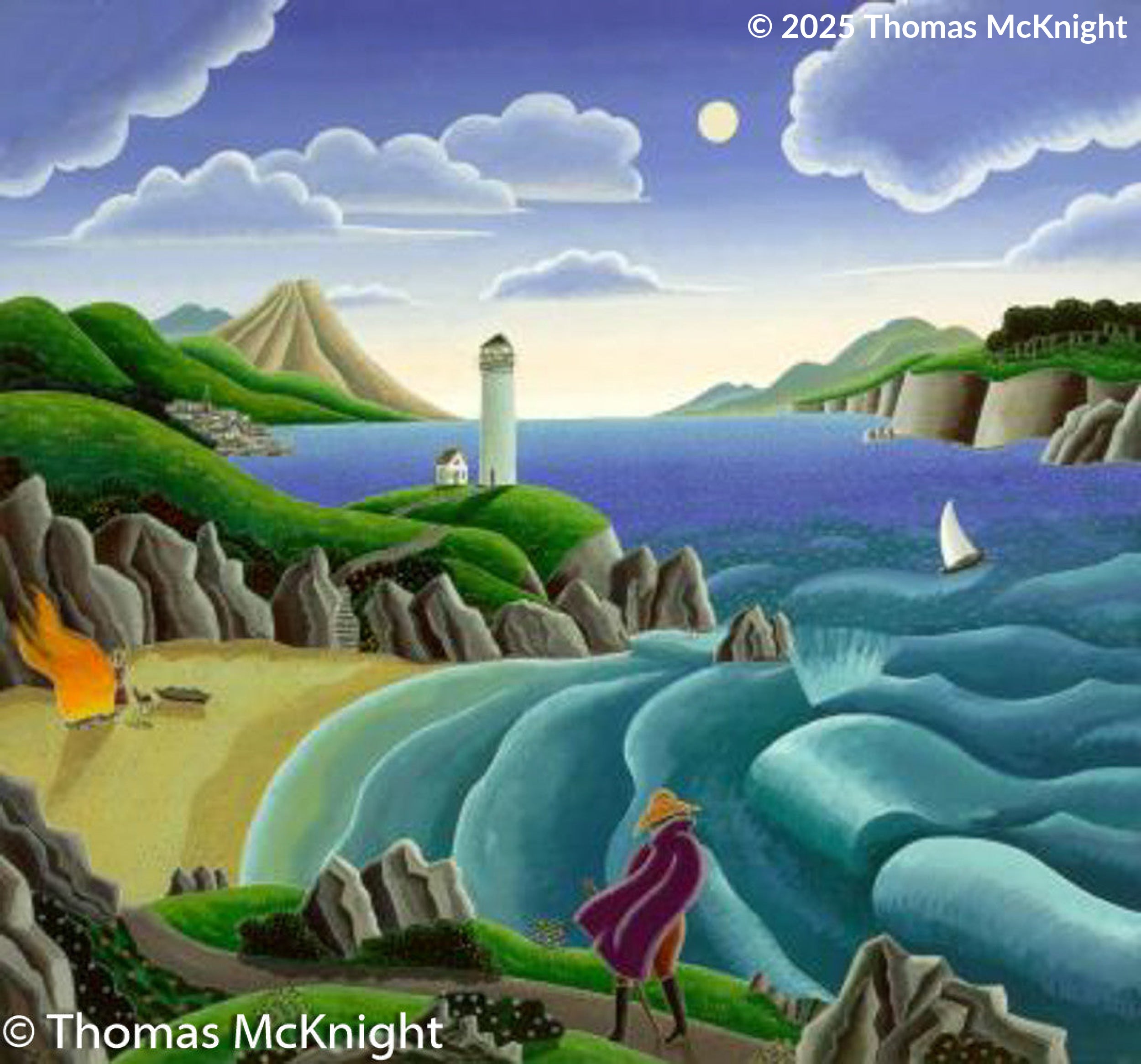 Lighthouse with Wanderer Casein on Canvas
