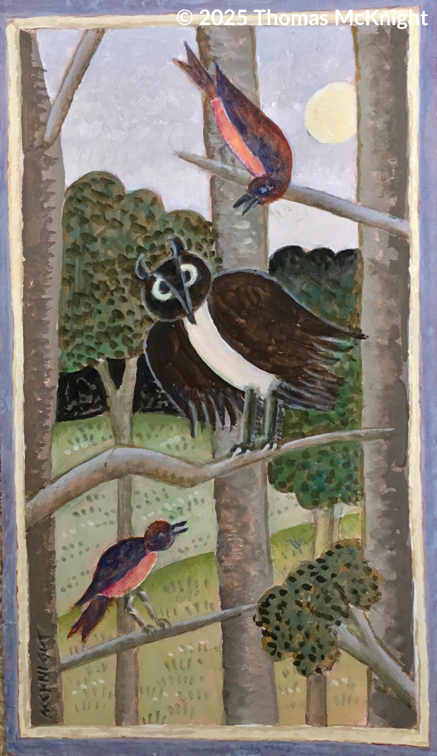 Owl with 2 Birds acrylic on board