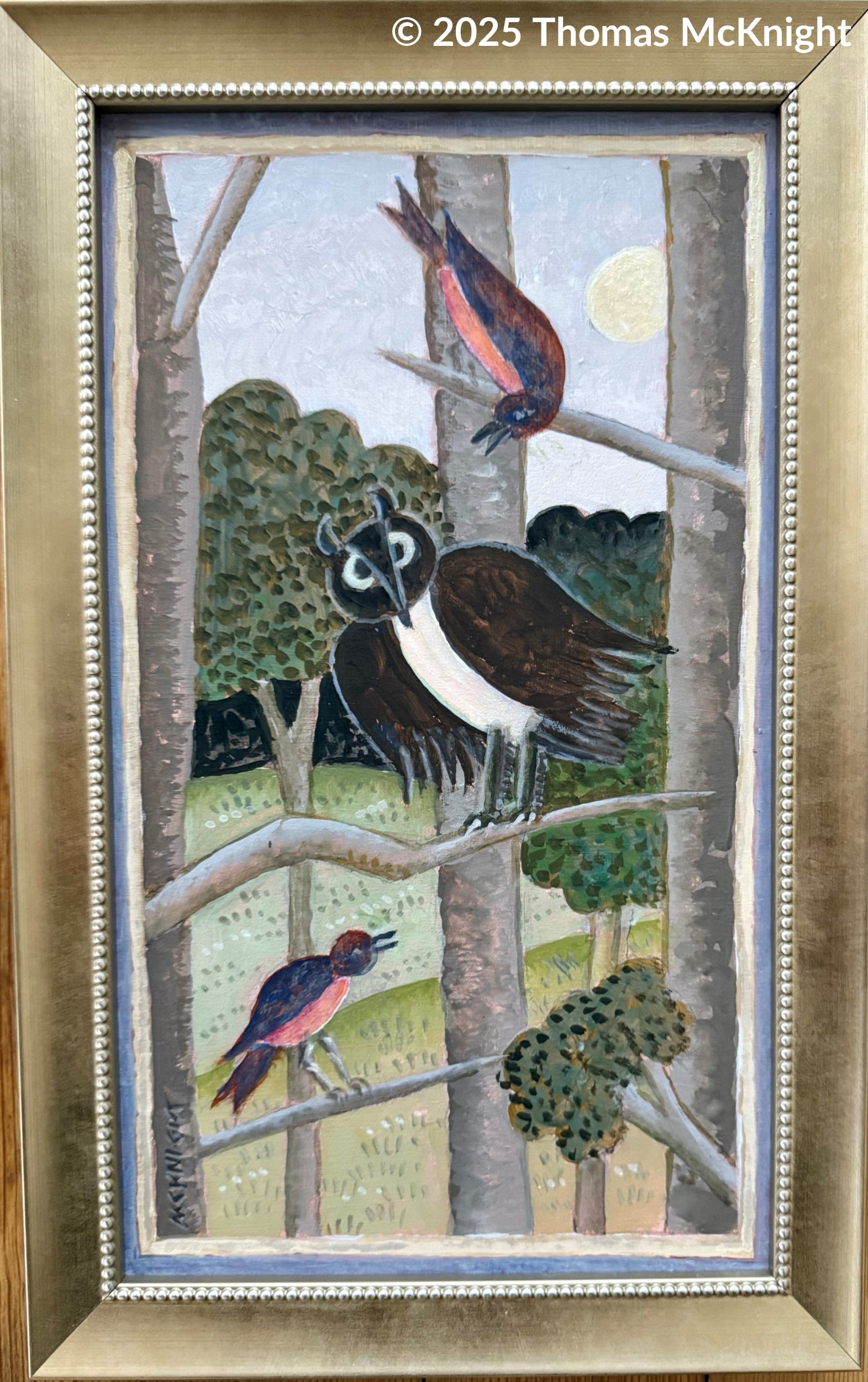 Owl with 2 Birds mini painting