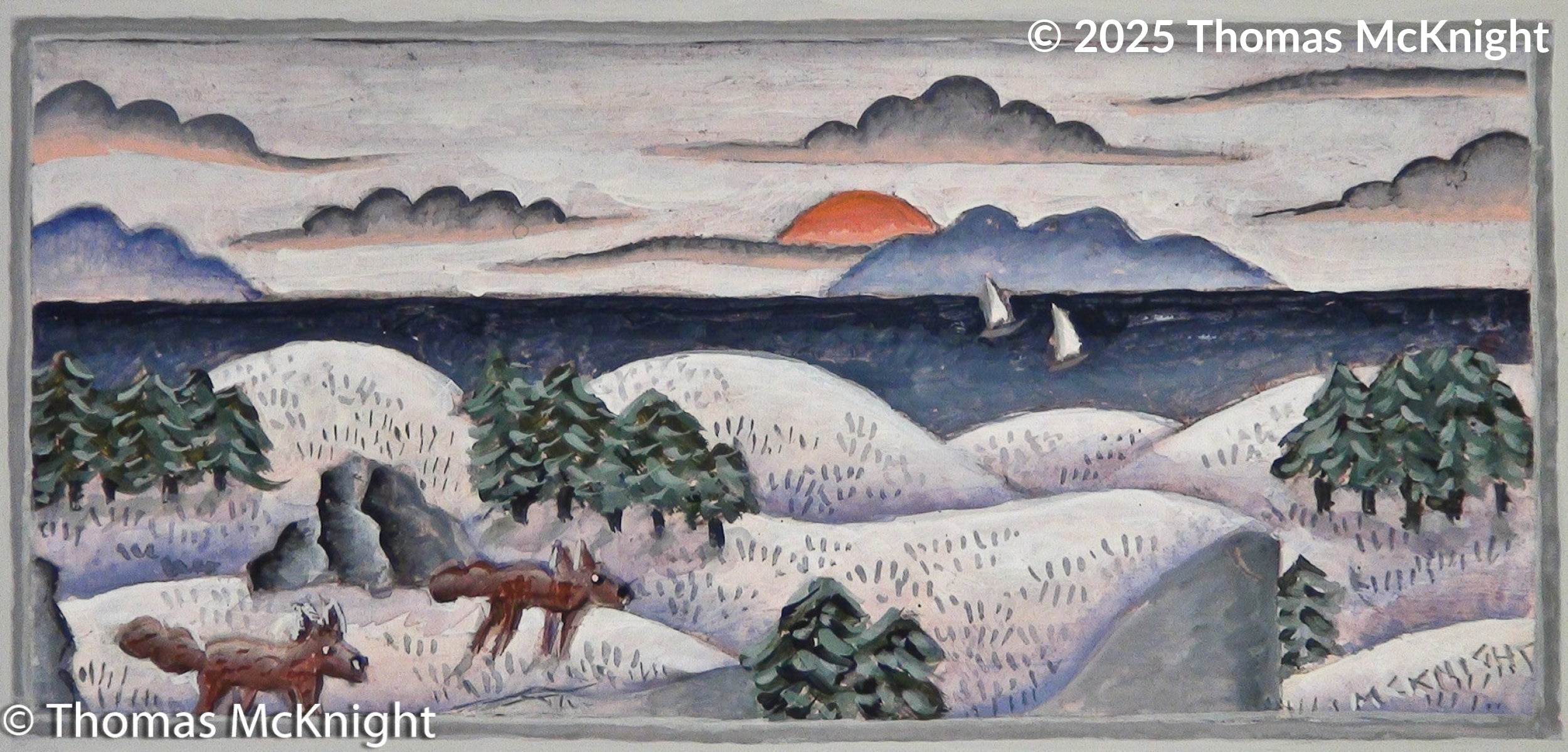 Snowy Landscape with Two Foxes Acrylic on Canvas acrylic on canvas
