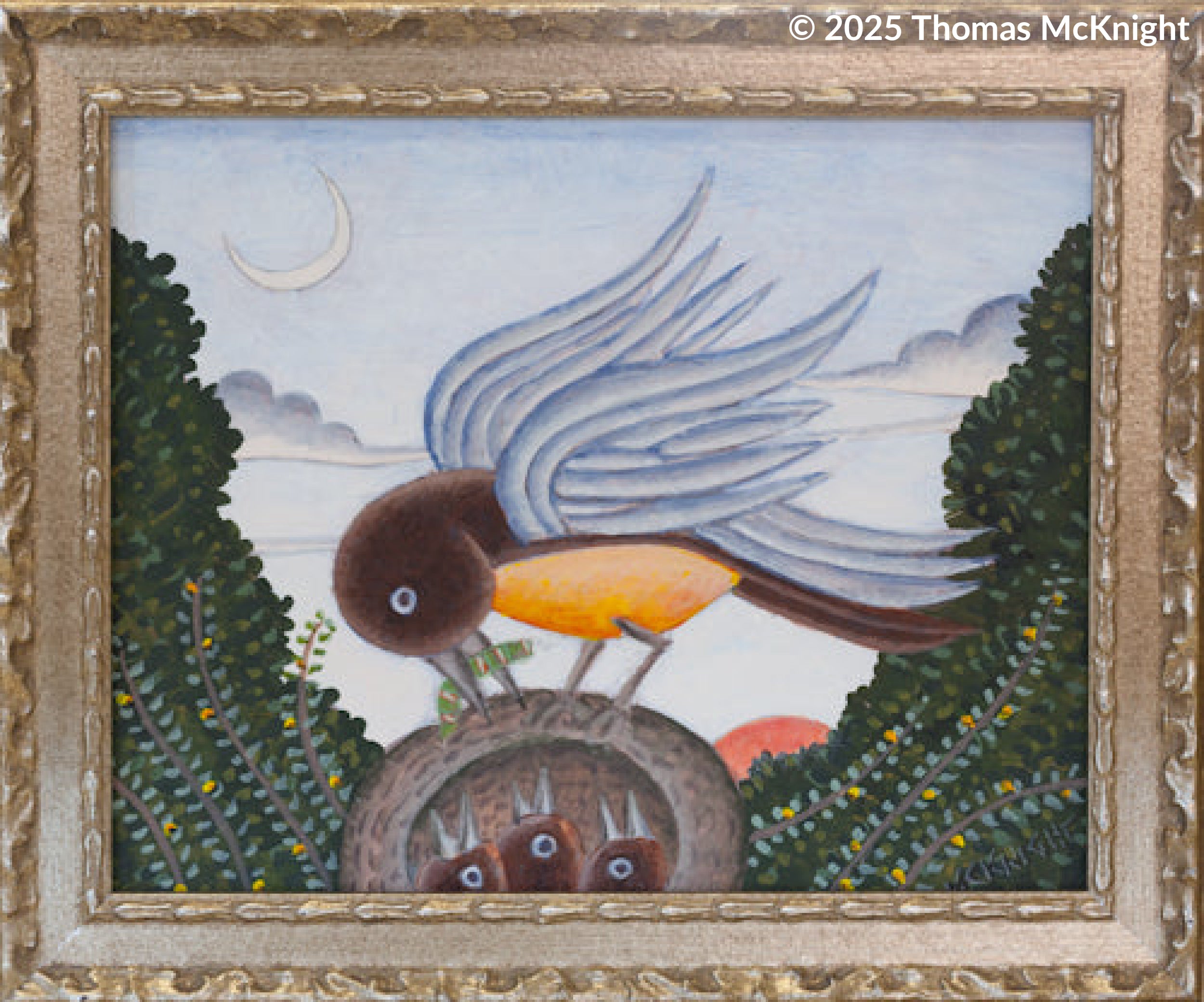 Yellow Breasted Bird with Chicks Acrylic on Board acrylic on board
